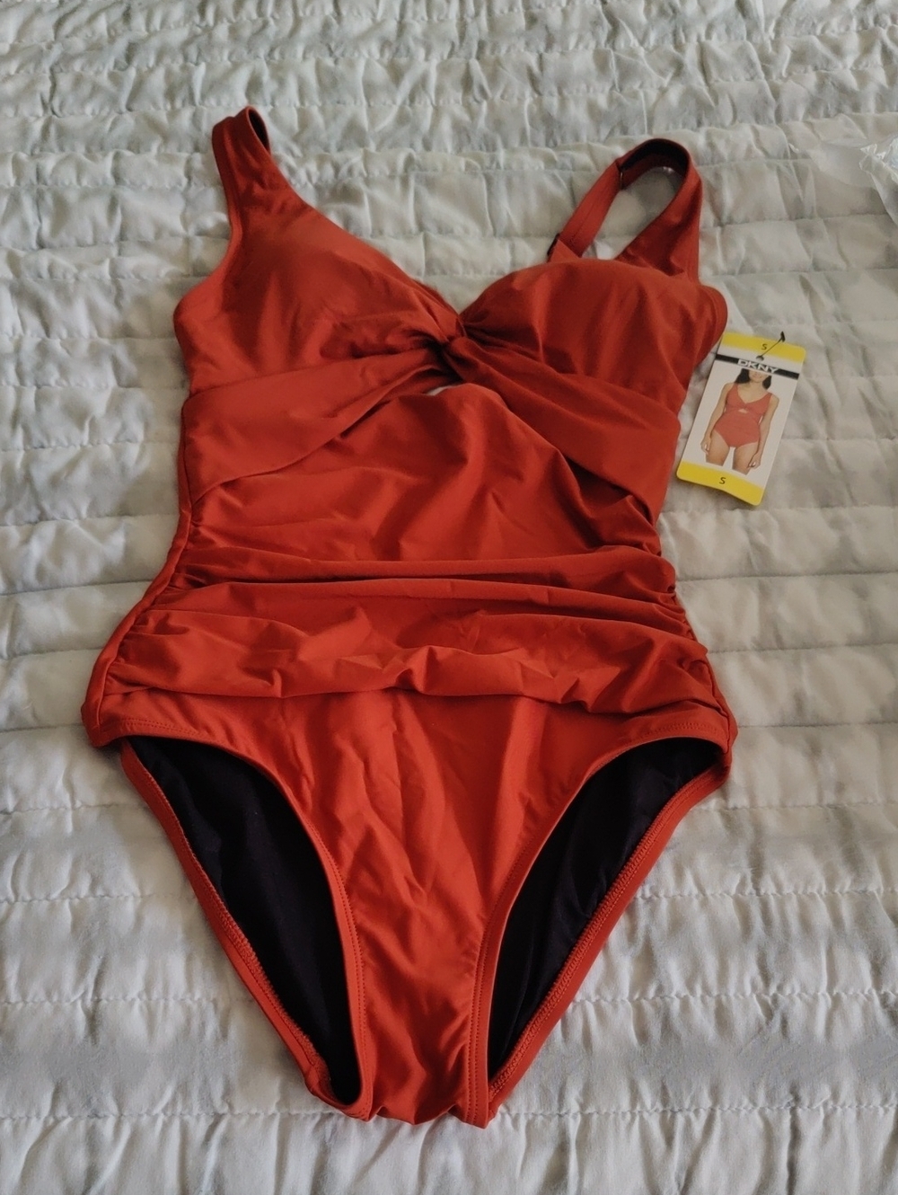 New!DKNY Y2K Women's Standard Twist Front Keyhole One Piece Swimsuit Rust Orange - Picture 5 of 9